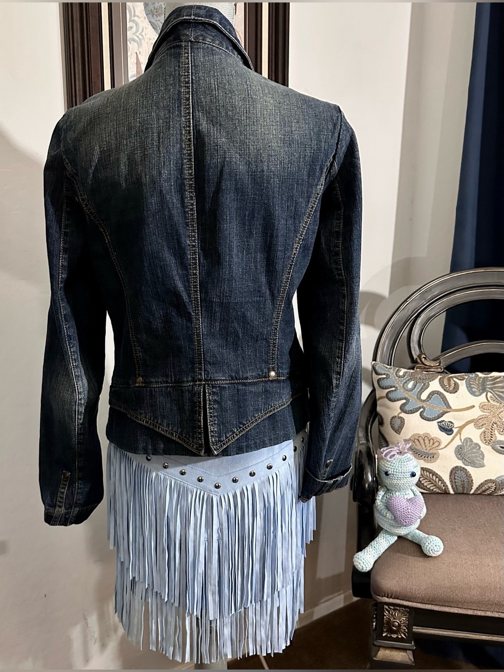 Idyllwind Sky Blue Faux Suede Studded Fringe Western Mini Skirt - Picture 6 of 8
